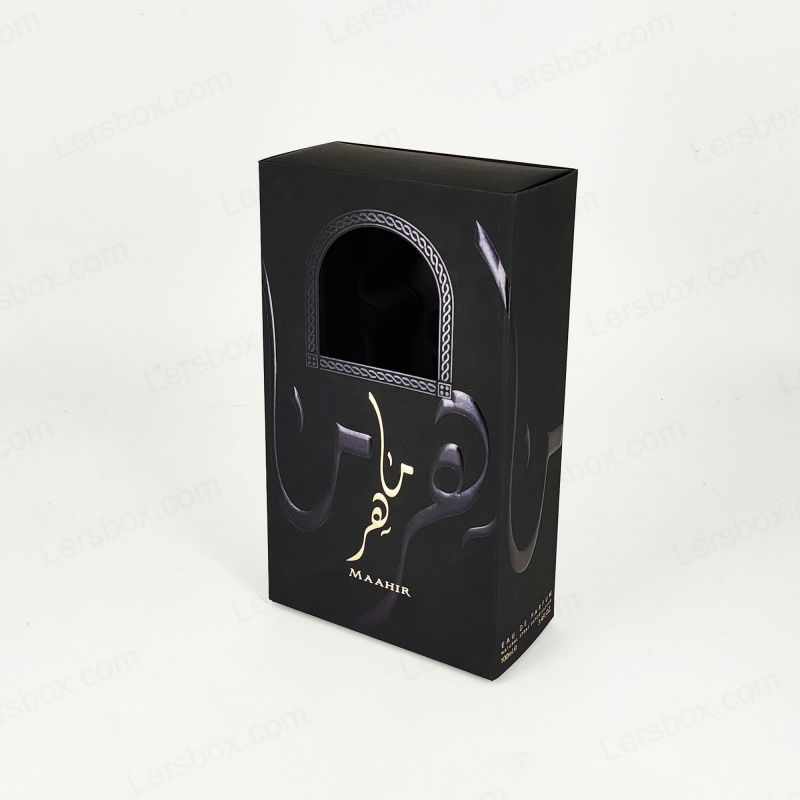 Kotak parfum buatan tangan dengan embossing foil emas, baki eva, dan konstruksi kaku HP027