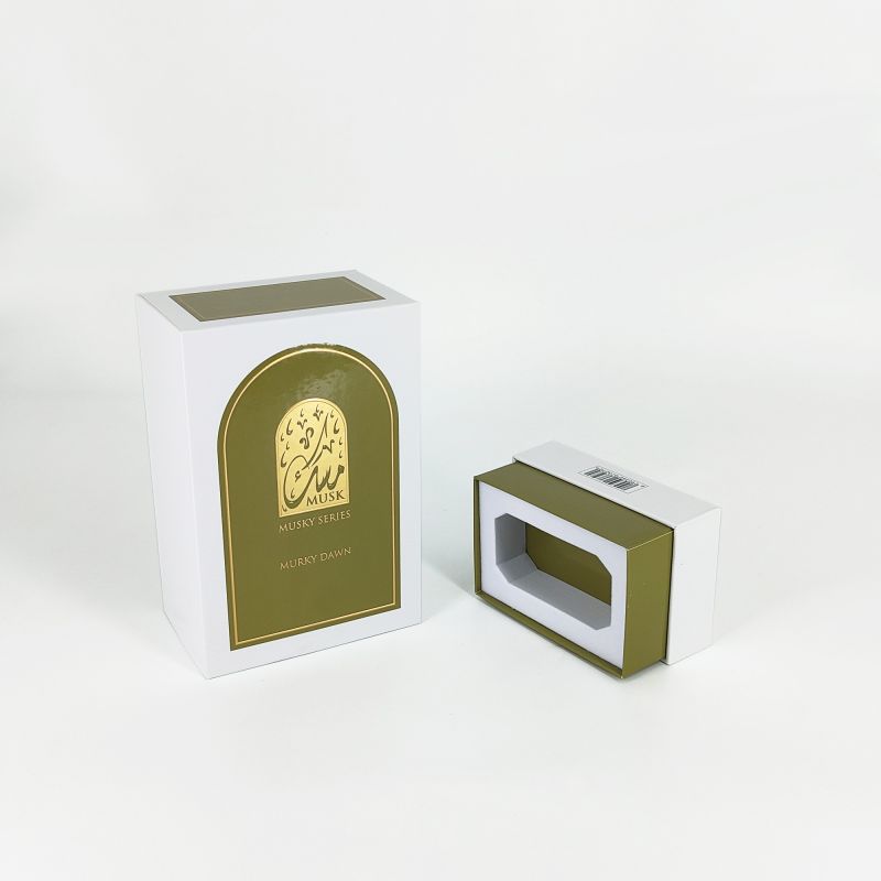 Kotak parfum emboss foil emas dengan baki eva, pangkalan kaku, dan desain tutup ramping hp031