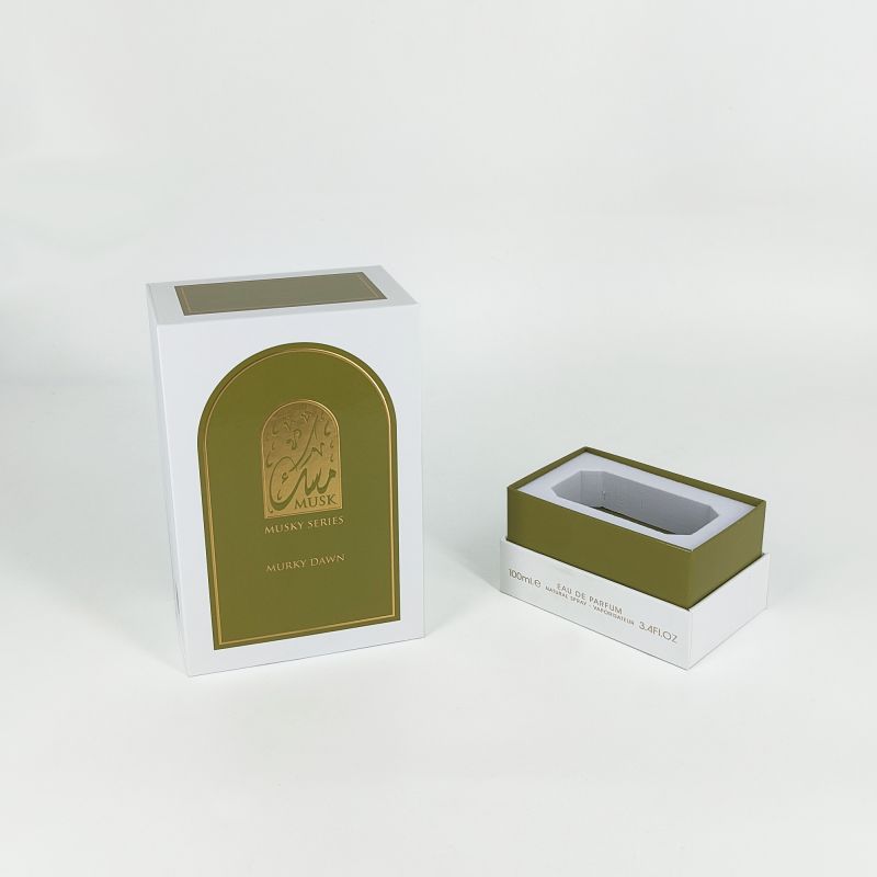 Kotak parfum emboss foil emas dengan baki eva, pangkalan kaku, dan desain tutup ramping hp031
