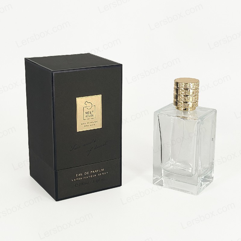 Kotak parfum foil emas dengan tutup kaku, pangkalan, dan baki busa eva untuk tampilan mewah HP034