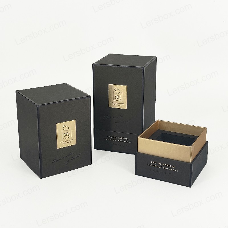 Kotak parfum foil emas dengan tutup kaku, pangkalan, dan baki busa eva untuk tampilan mewah HP034
